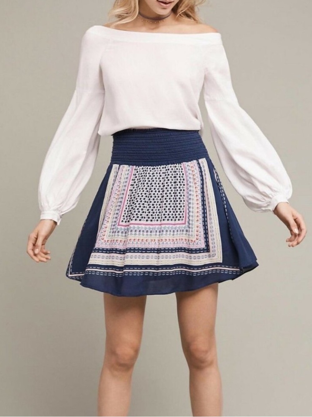 Anthropologie Floreat Mazza gathered elastic neckline balloon sleeve blouse top